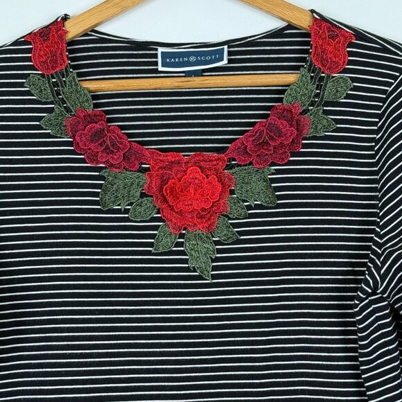 Karen Scott Womens Black White Striped Top Sz Large 3D Red Rose Applique Detail - Picture 2 of 9